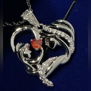 Sterling Silver Mother and Child Heart Pendant Necklace with Orange Gem